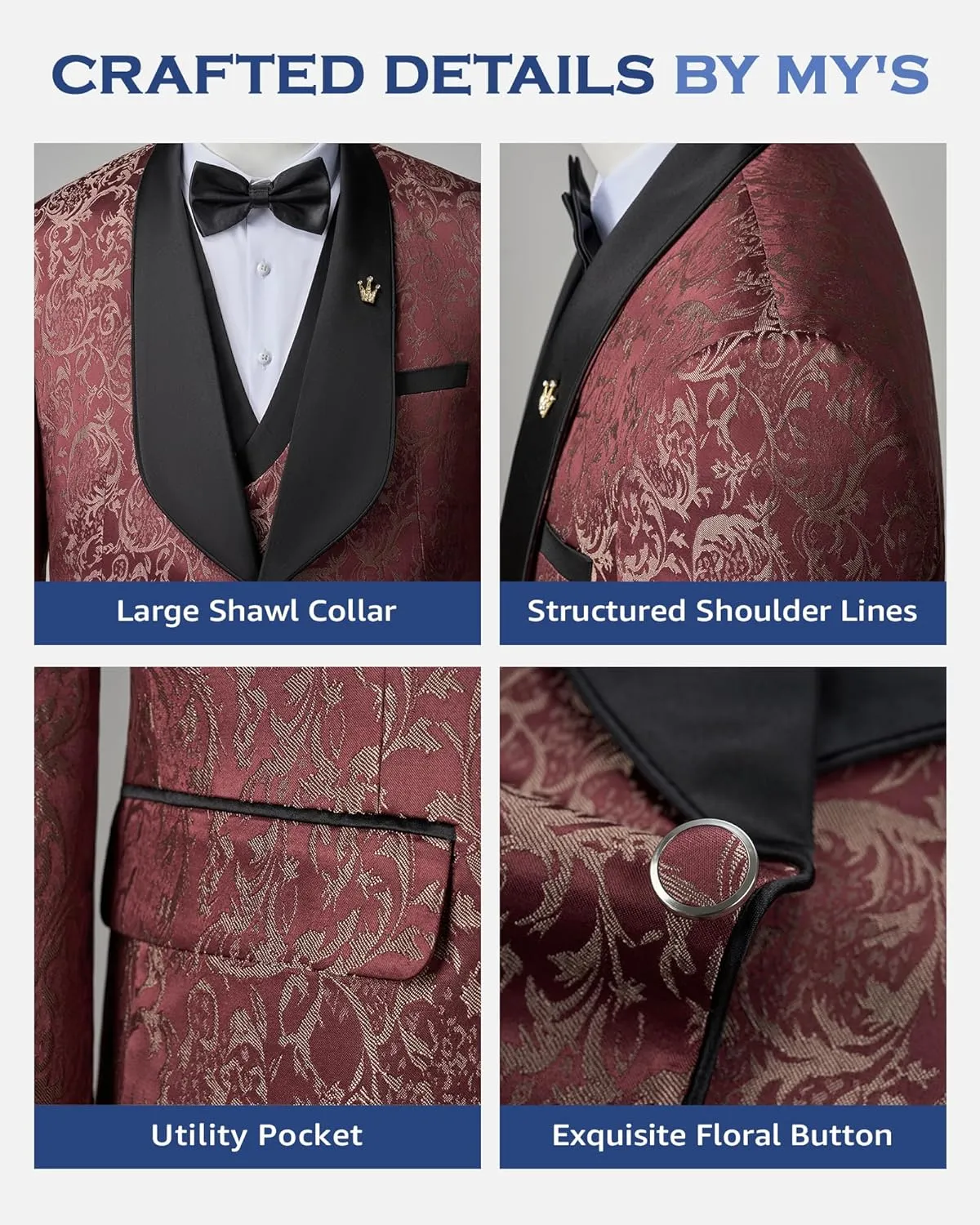 MY'S Men's Floral Suit, 3 Piece Slim Fit Paisley Tuxedo, Jacket Pants Vest with Bow Tie for Wedding Prom Dinner