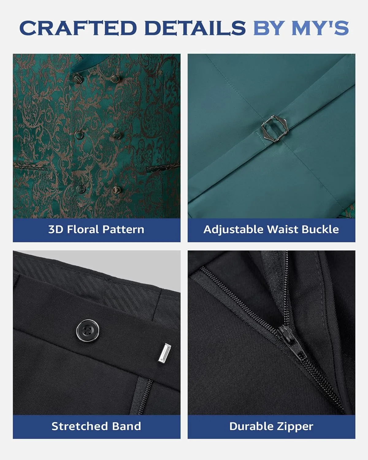 MY'S Men's Floral Suit, 3 Piece Slim Fit Paisley Tuxedo, Jacket Pants Vest with Bow Tie for Wedding Prom Dinner