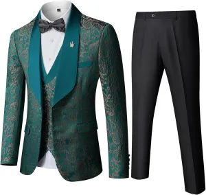 MY'S Men's Floral Suit, 3 Piece Slim Fit Paisley Tuxedo, Jacket Pants Vest with Bow Tie for Wedding Prom Dinner