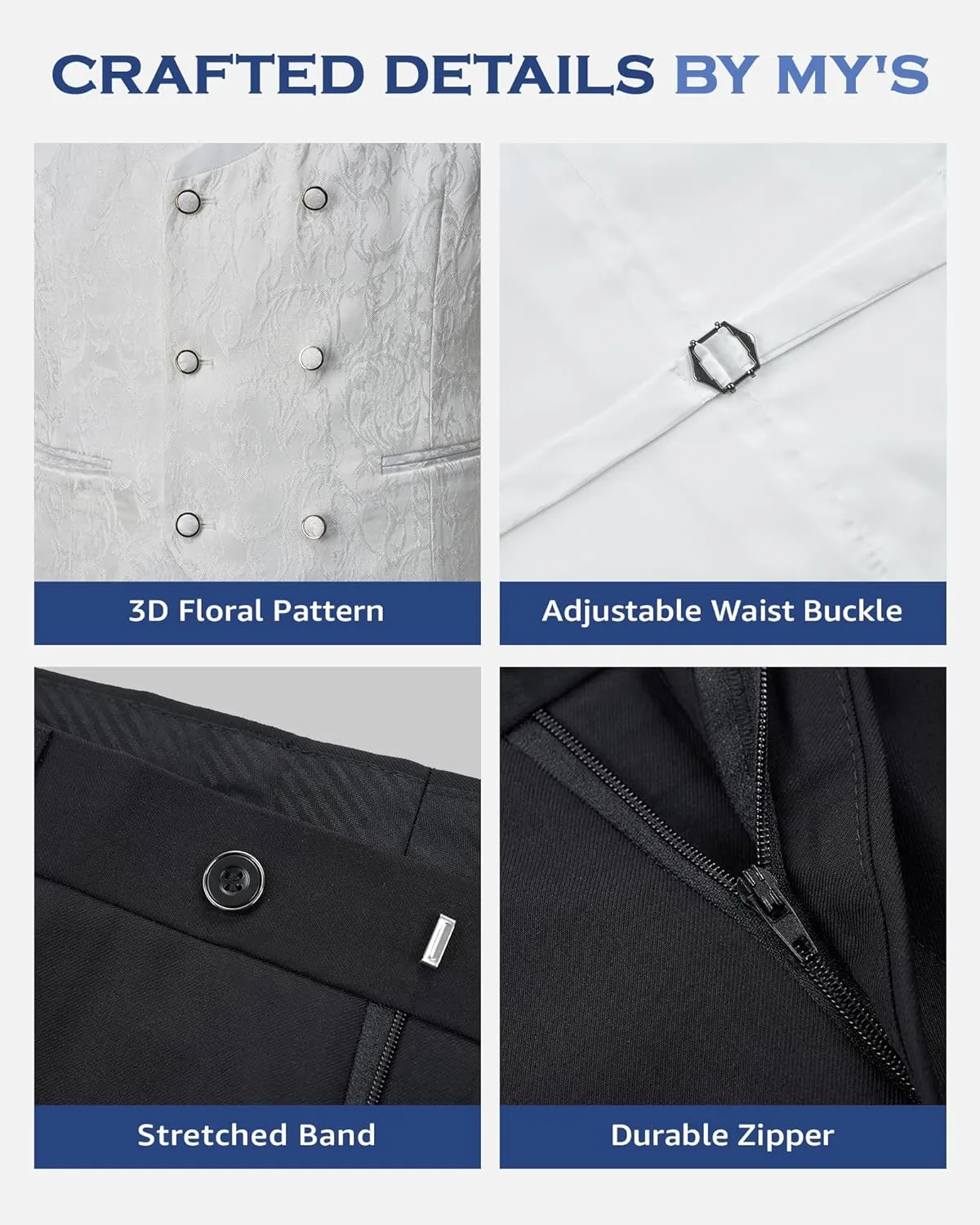 MY'S Men's Floral Suit, 3 Piece Slim Fit Paisley Tuxedo, Jacket Pants Vest with Bow Tie for Wedding Prom Dinner