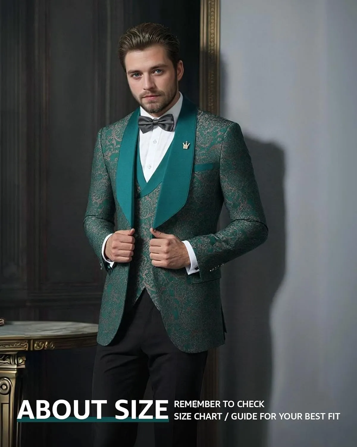 MY'S Men's Floral Suit, 3 Piece Slim Fit Paisley Tuxedo, Jacket Pants Vest with Bow Tie for Wedding Prom Dinner