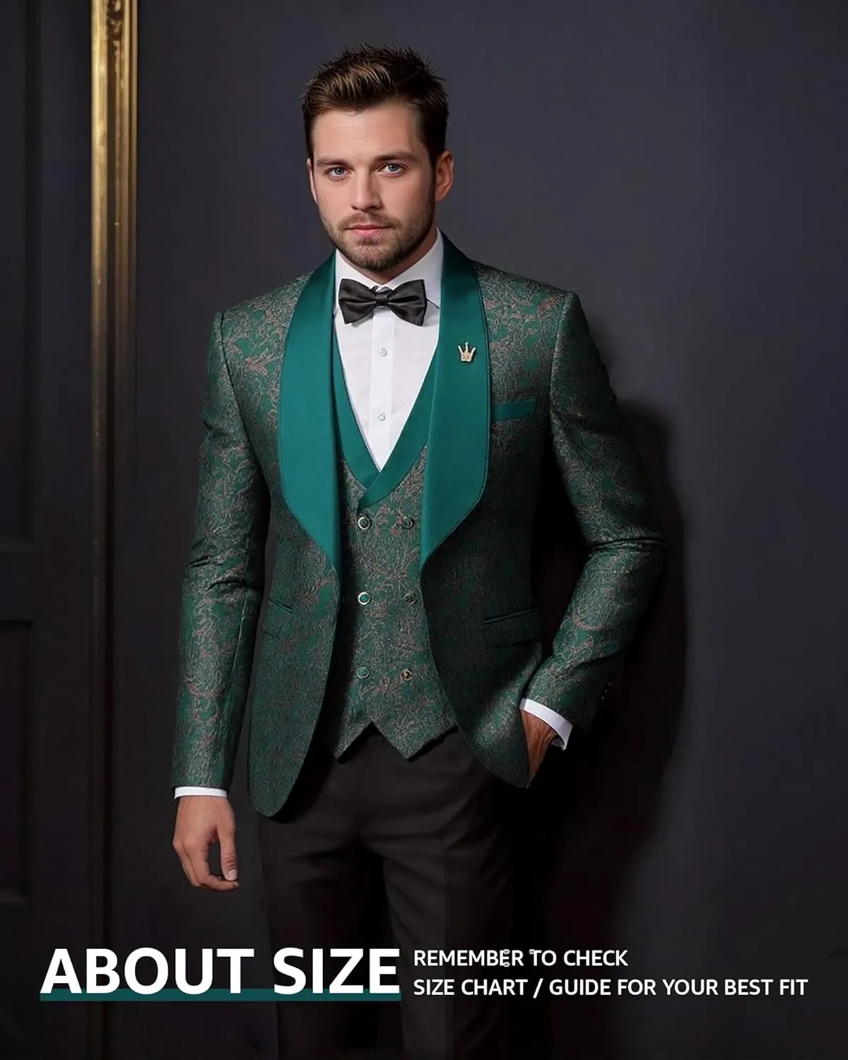 MY'S Men's Floral Suit, 3 Piece Slim Fit Paisley Tuxedo, Jacket Pants Vest with Bow Tie for Wedding Prom Dinner