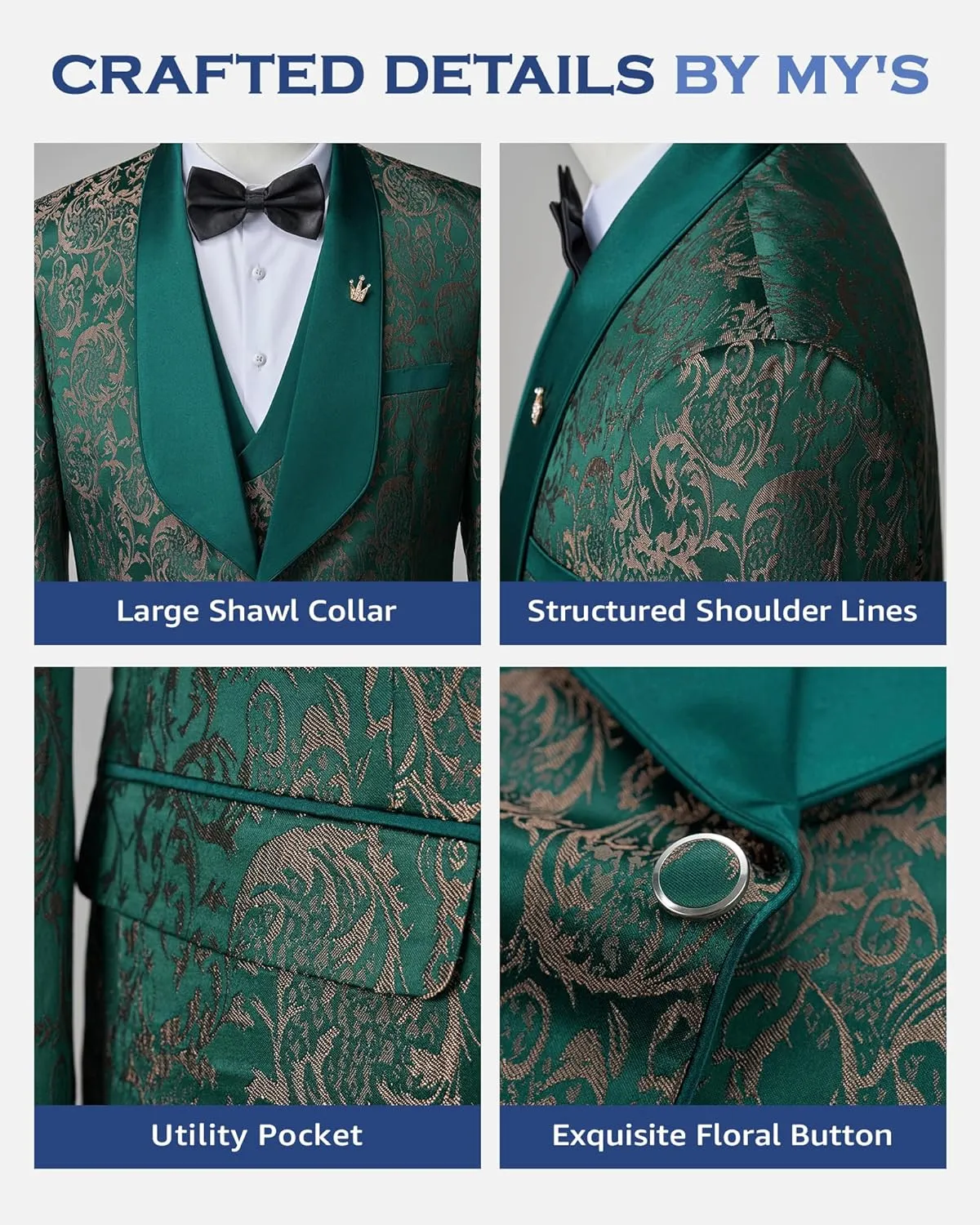 MY'S Men's Floral Suit, 3 Piece Slim Fit Paisley Tuxedo, Jacket Pants Vest with Bow Tie for Wedding Prom Dinner