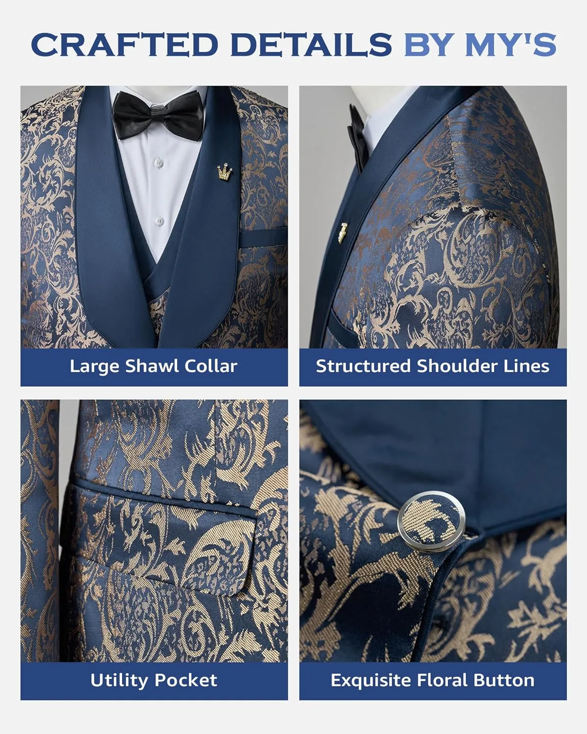 MY'S Men's Floral Suit, 3 Piece Slim Fit Paisley Tuxedo, Jacket Pants Vest with Bow Tie for Wedding Prom Dinner