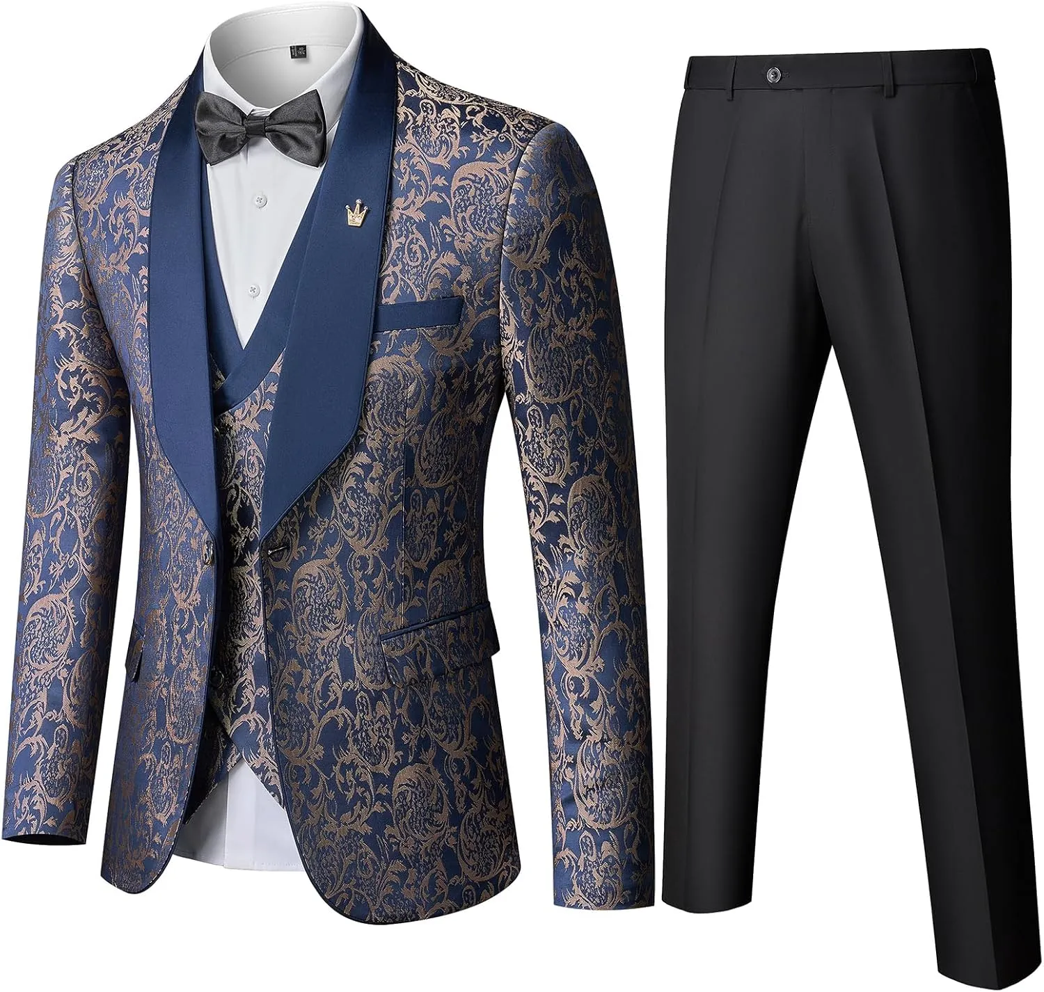 MY'S Men's Floral Suit, 3 Piece Slim Fit Paisley Tuxedo, Jacket Pants Vest with Bow Tie for Wedding Prom Dinner