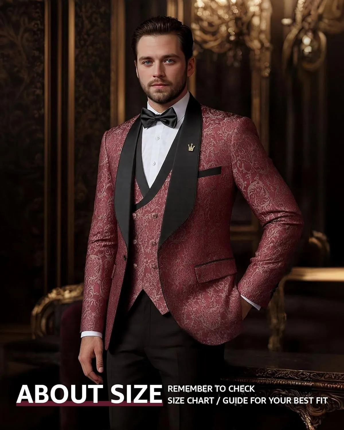 MY'S Men's Floral Suit, 3 Piece Slim Fit Paisley Tuxedo, Jacket Pants Vest with Bow Tie for Wedding Prom Dinner