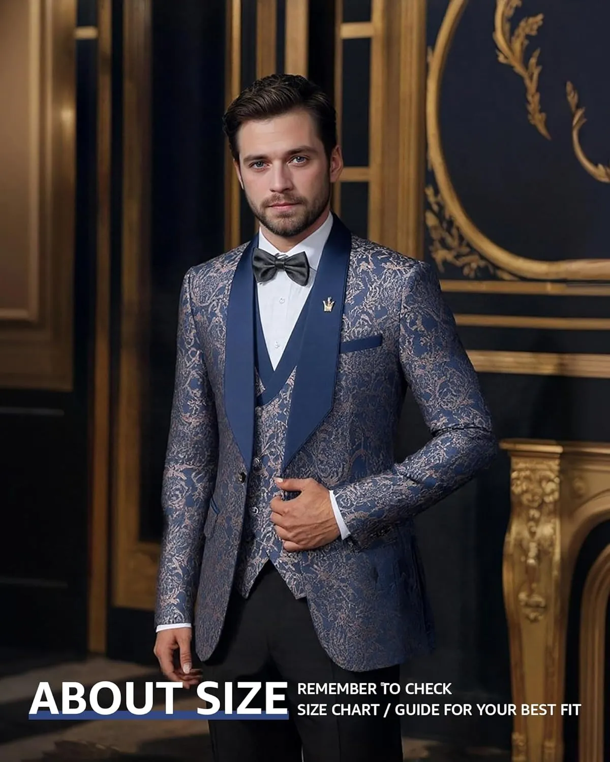 MY'S Men's Floral Suit, 3 Piece Slim Fit Paisley Tuxedo, Jacket Pants Vest with Bow Tie for Wedding Prom Dinner