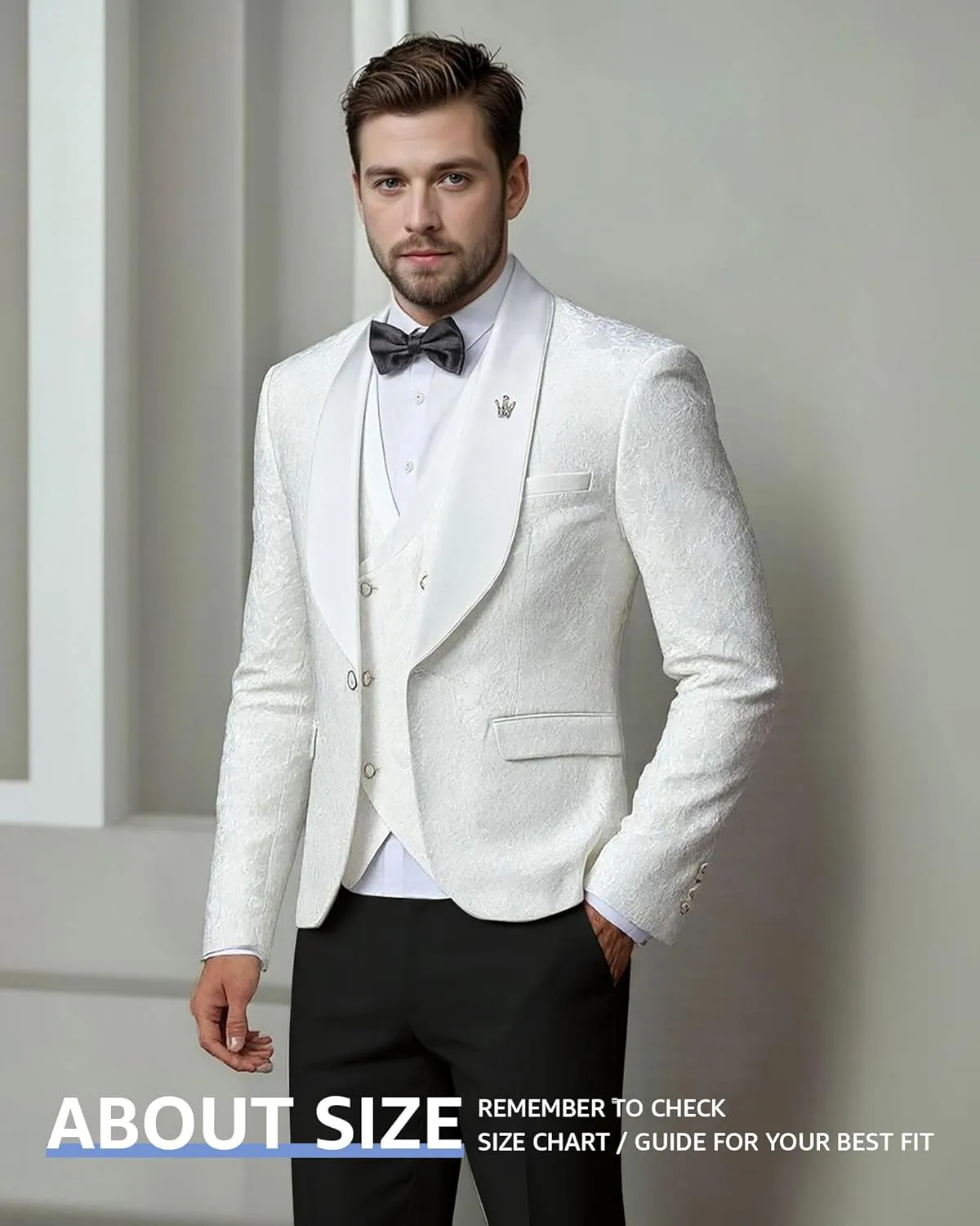 MY'S Men's Floral Suit, 3 Piece Slim Fit Paisley Tuxedo, Jacket Pants Vest with Bow Tie for Wedding Prom Dinner