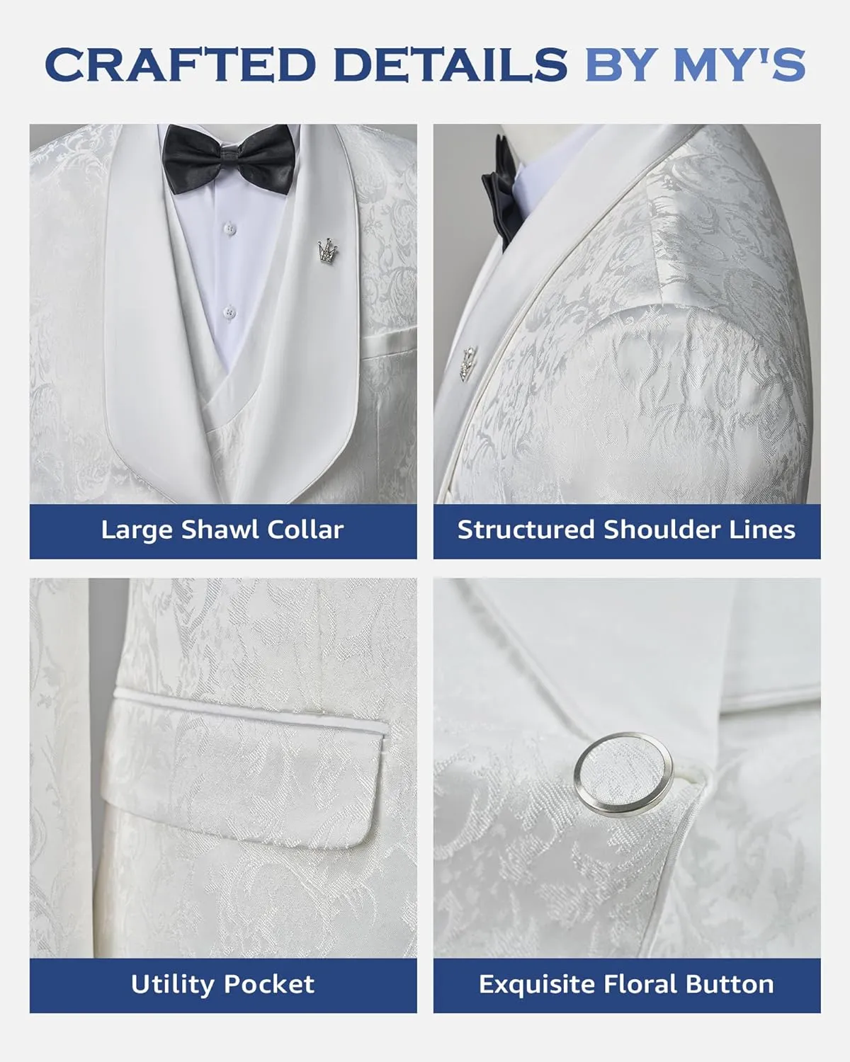 MY'S Men's Floral Suit, 3 Piece Slim Fit Paisley Tuxedo, Jacket Pants Vest with Bow Tie for Wedding Prom Dinner