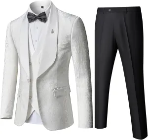 MY'S Men's Floral Suit, 3 Piece Slim Fit Paisley Tuxedo, Jacket Pants Vest with Bow Tie for Wedding Prom Dinner