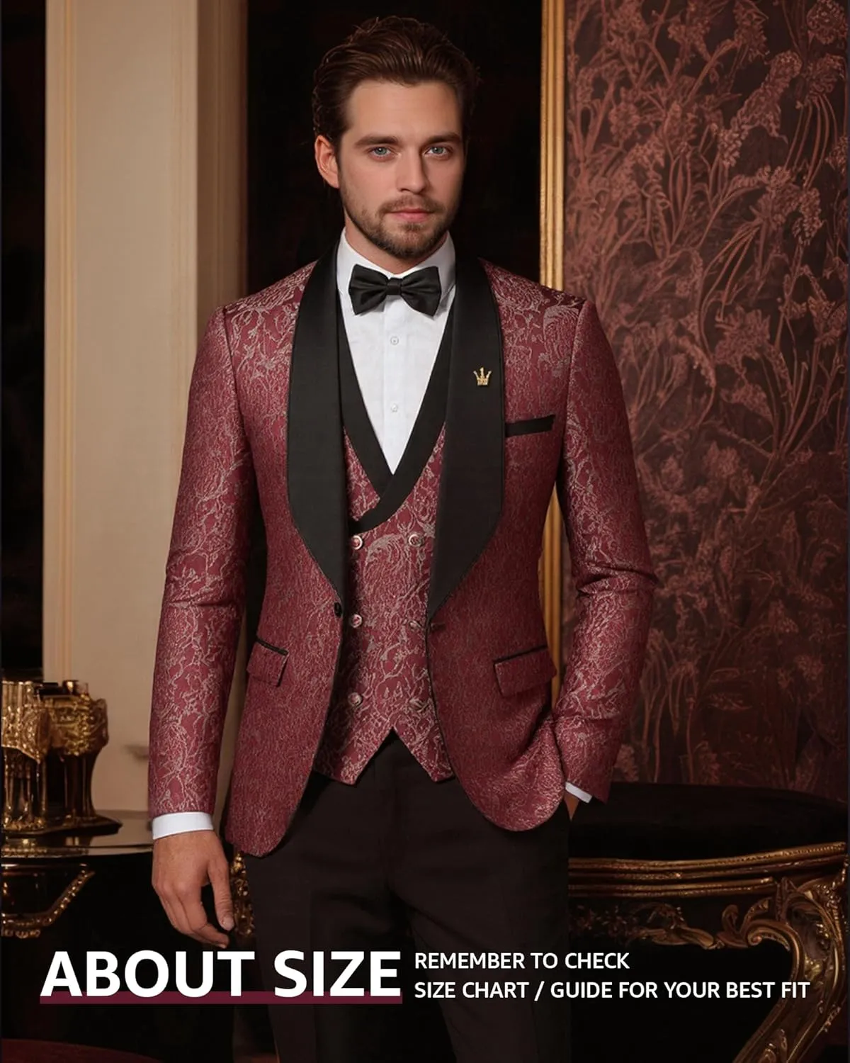 MY'S Men's Floral Suit, 3 Piece Slim Fit Paisley Tuxedo, Jacket Pants Vest with Bow Tie for Wedding Prom Dinner