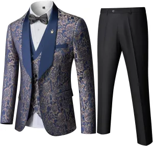 MY'S Men's Floral Suit, 3 Piece Slim Fit Paisley Tuxedo, Jacket Pants Vest with Bow Tie for Wedding Prom Dinner