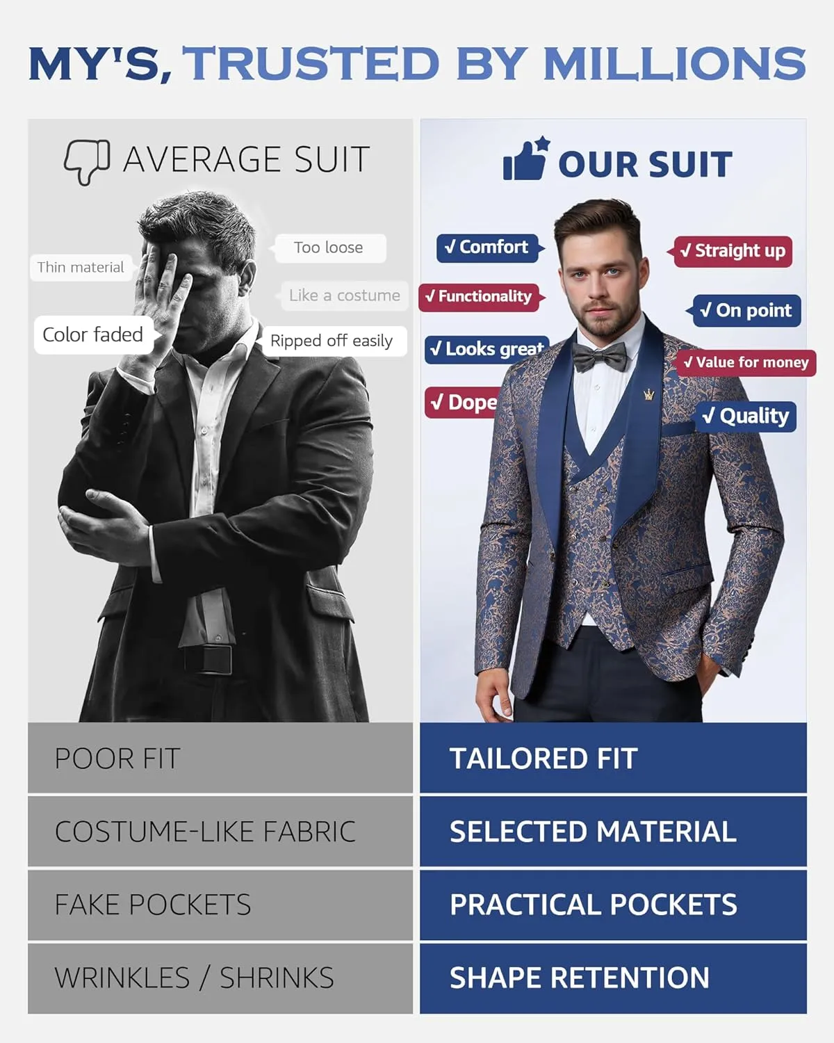 MY'S Men's Floral Suit, 3 Piece Slim Fit Paisley Tuxedo, Jacket Pants Vest with Bow Tie for Wedding Prom Dinner