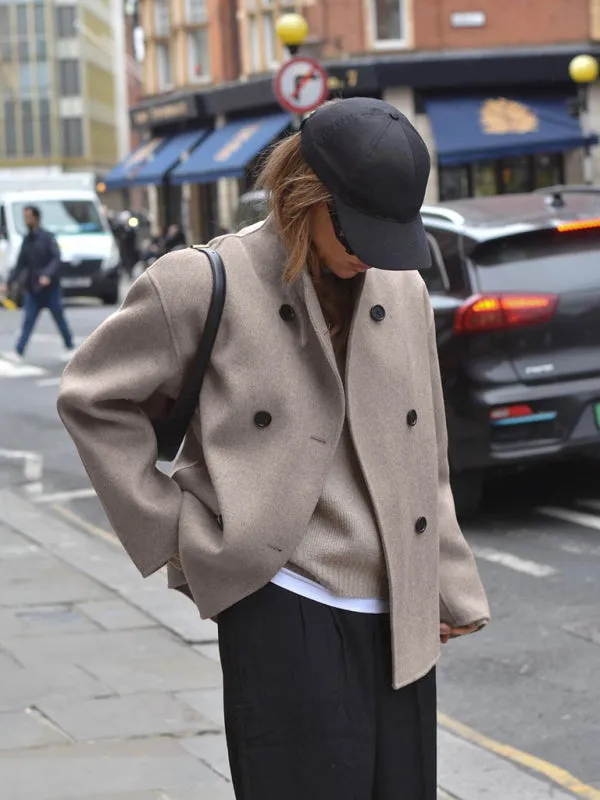 New Retro Brown Woolen Jacket Women's V-neck Commuting Warm Outerwear