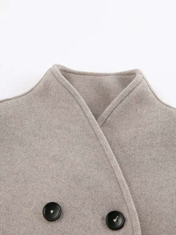 New Retro Brown Woolen Jacket Women's V-neck Commuting Warm Outerwear