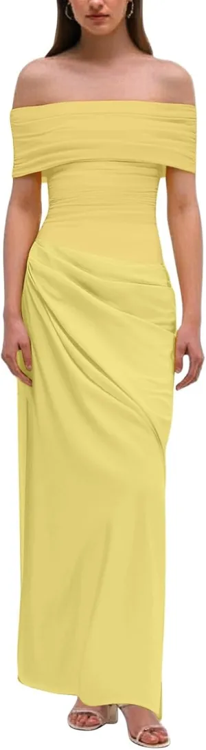Off Shoulder Bridesmaid Dresses Long Ruched Chiffon Formal Evening Dress with Slit Woman Dresses Casual