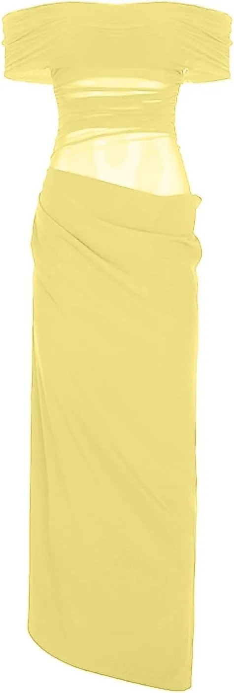 Off Shoulder Bridesmaid Dresses Long Ruched Chiffon Formal Evening Dress with Slit Woman Dresses Casual