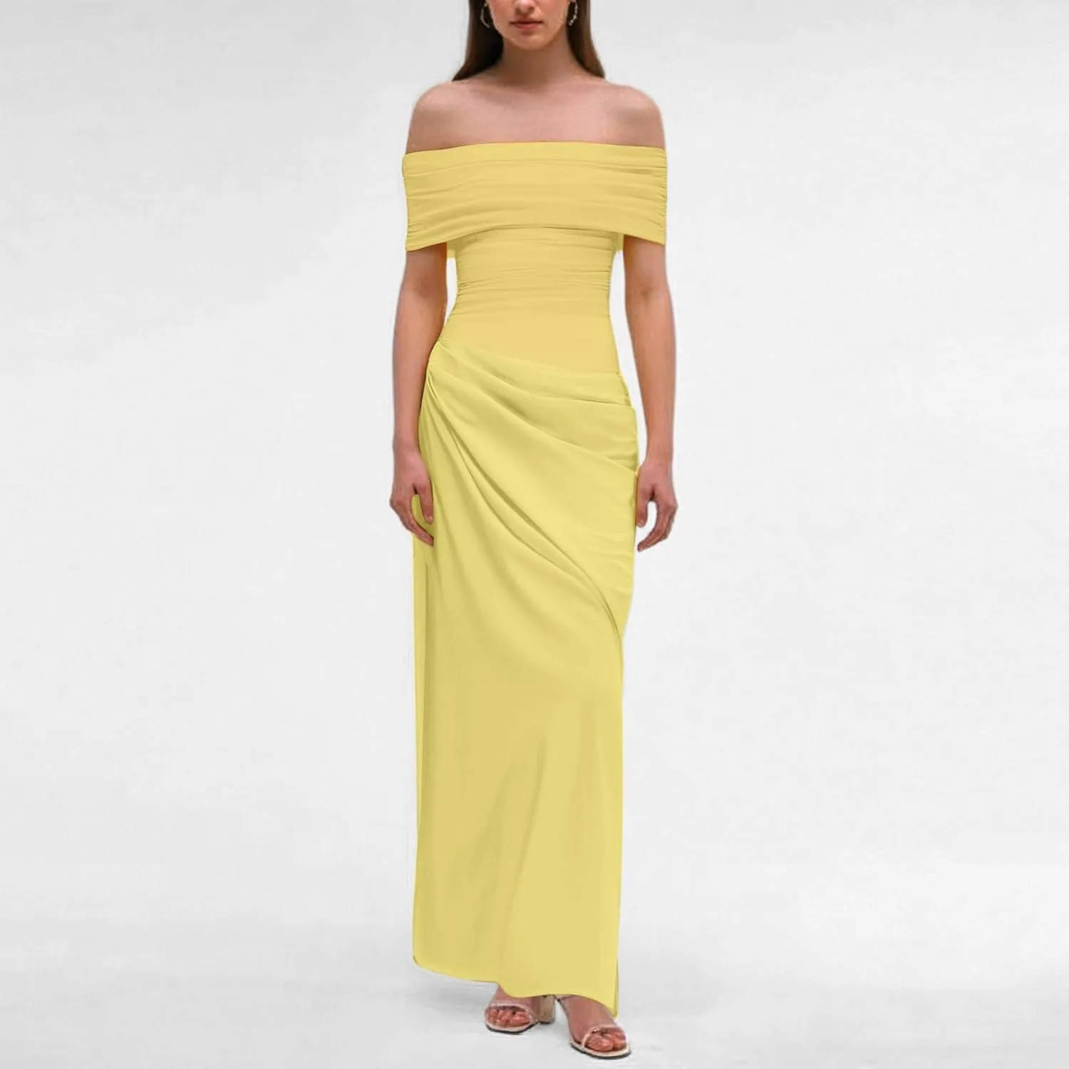 Off Shoulder Bridesmaid Dresses Long Ruched Chiffon Formal Evening Dress with Slit Woman Dresses Casual