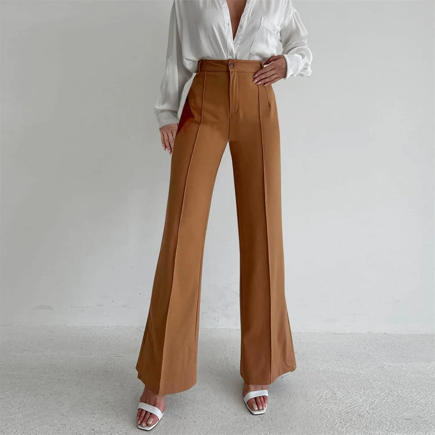 Office Flare Pants for Women Classic Formal Solid Ribbed Wide Leg High Waist Trousers Fashion Curvy Work Dressy Bootcut Pants