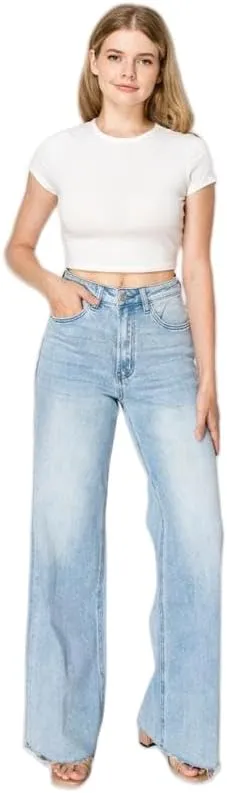 ONESO High Waisted Stretchy Women Wide Leg Jeans Buckle Baggy Pants Underwear Lady Trouser