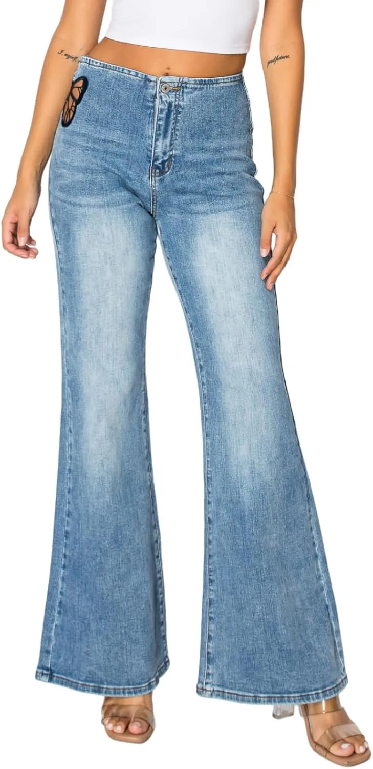 ONESO High Waisted Stretchy Women Wide Leg Jeans Buckle Baggy Pants Underwear Lady Trouser