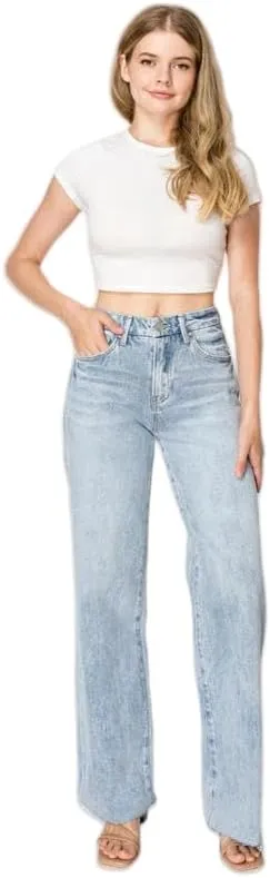 ONESO High Waisted Stretchy Women Wide Leg Jeans Buckle Baggy Pants Underwear Lady Trouser