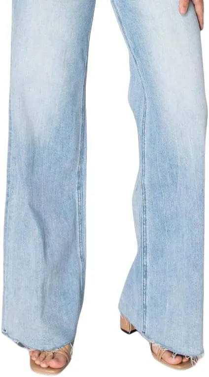 ONESO High Waisted Stretchy Women Wide Leg Jeans Buckle Baggy Pants Underwear Lady Trouser