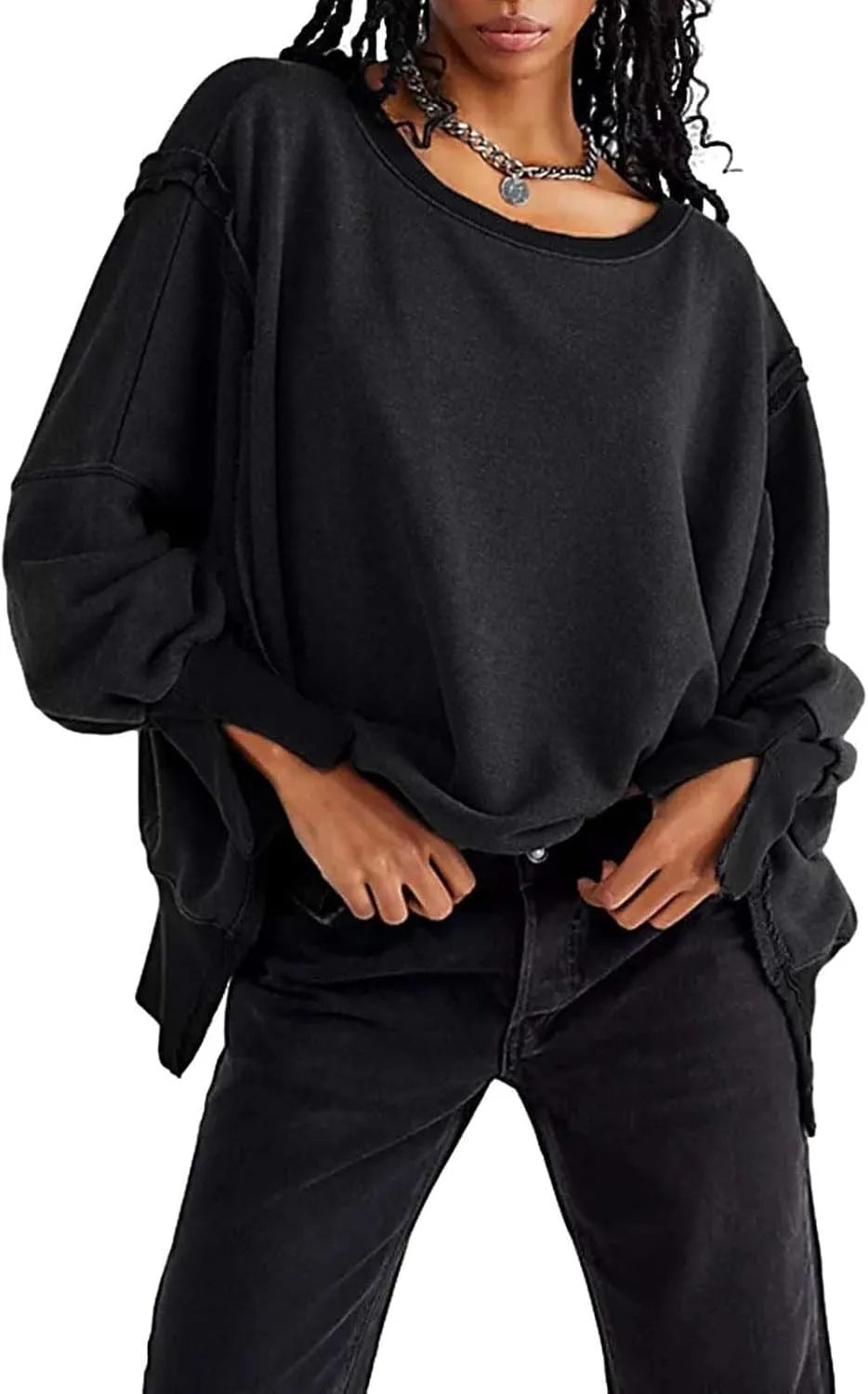 Oversized Sweatshirt for Women Side Slit Long Sleeve Pullover 2024 Fall Slouchy Fit Tops Y2K Preppy Solid Color Outfit