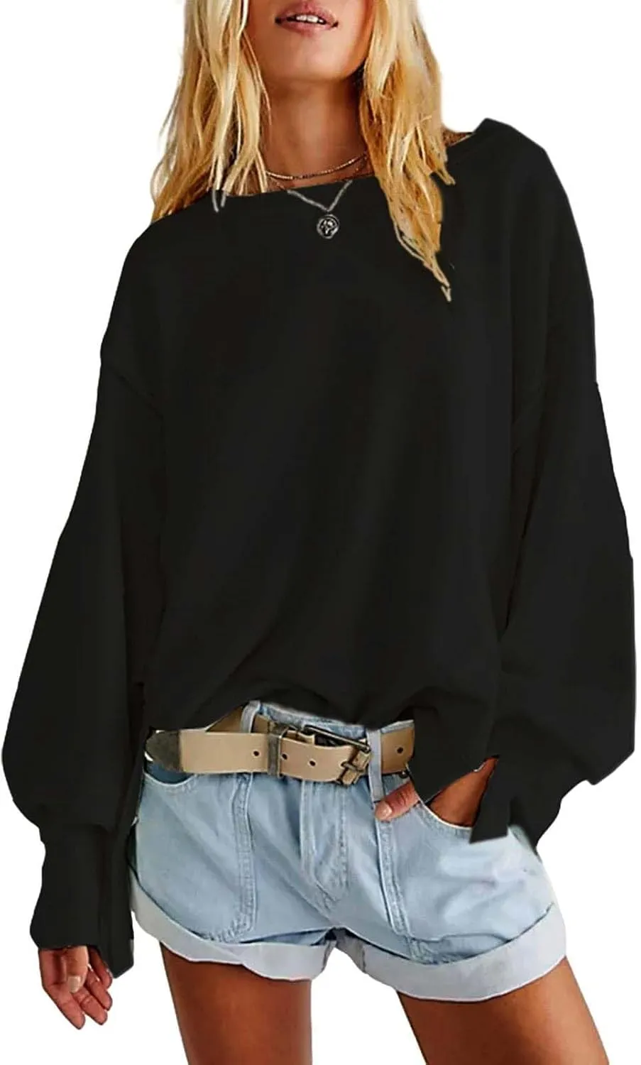 Oversized Sweatshirt for Women Side Slit Long Sleeve Pullover 2024 Fall Slouchy Fit Tops Y2K Preppy Solid Color Outfit