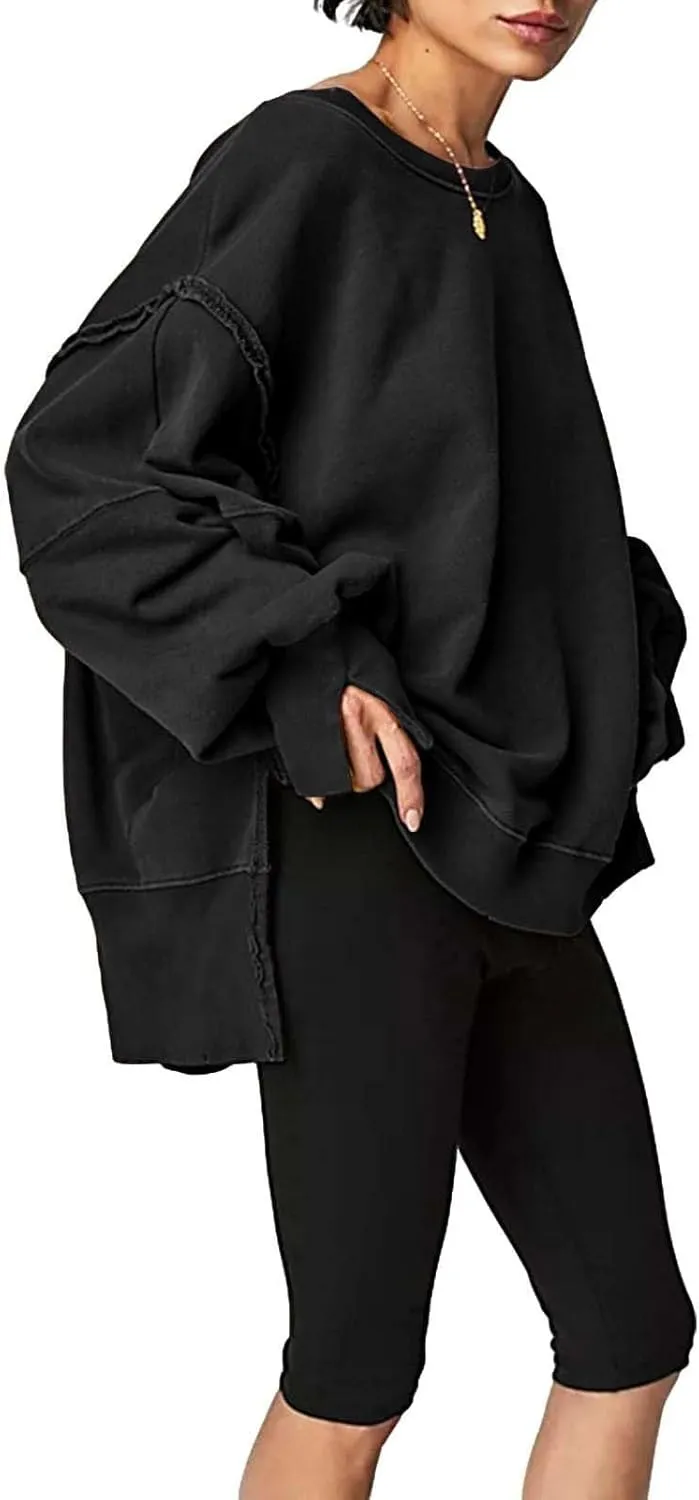 Oversized Sweatshirt for Women Side Slit Long Sleeve Pullover 2024 Fall Slouchy Fit Tops Y2K Preppy Solid Color Outfit