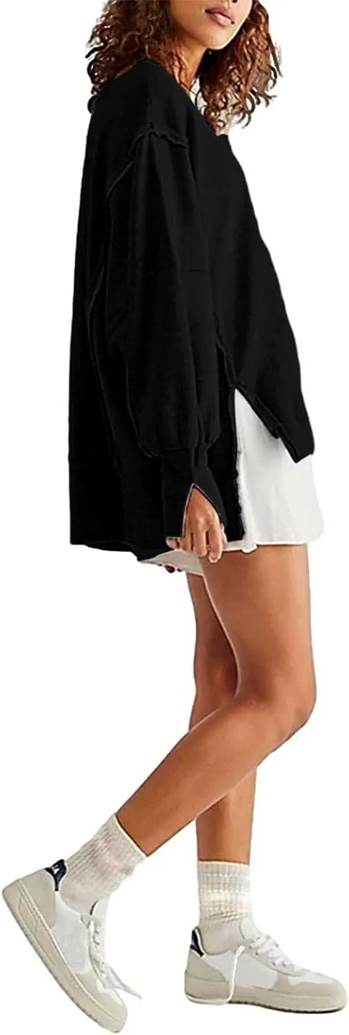Oversized Sweatshirt for Women Side Slit Long Sleeve Pullover 2024 Fall Slouchy Fit Tops Y2K Preppy Solid Color Outfit