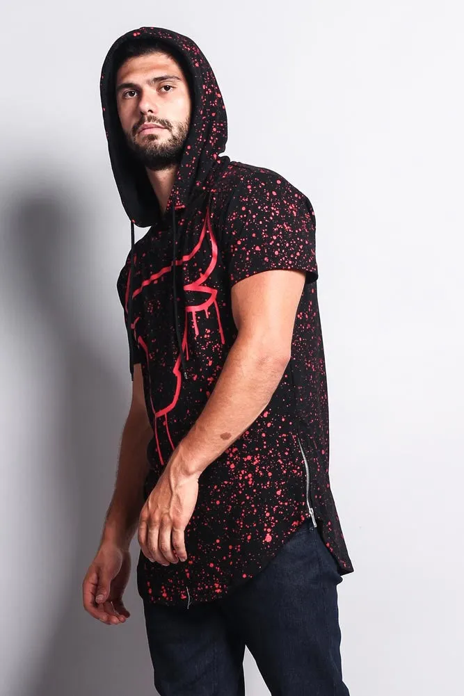 Paint Splattered Bull Logo Long Length Curved Hem Hooded T-Shirt