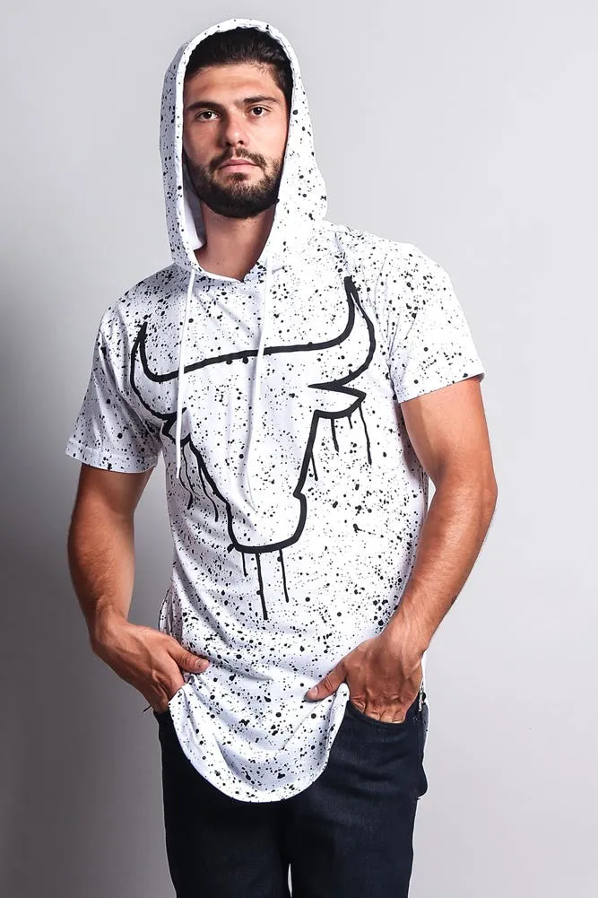 Paint Splattered Bull Logo Long Length Curved Hem Hooded T-Shirt