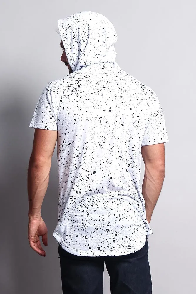Paint Splattered Bull Logo Long Length Curved Hem Hooded T-Shirt