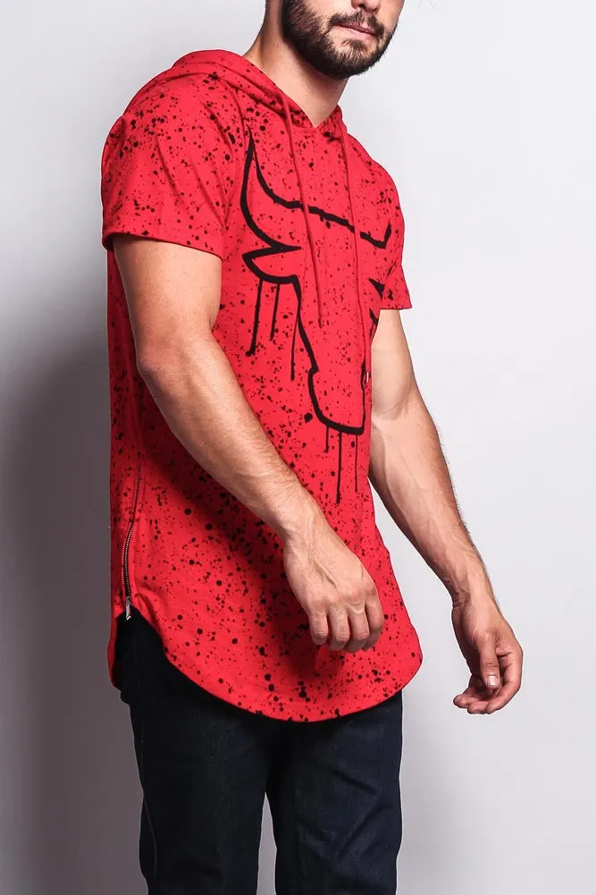 Paint Splattered Bull Logo Long Length Curved Hem Hooded T-Shirt
