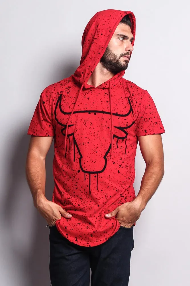 Paint Splattered Bull Logo Long Length Curved Hem Hooded T-Shirt