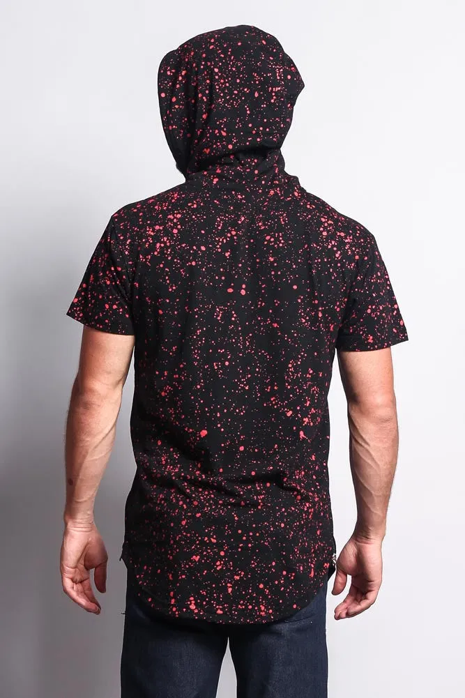 Paint Splattered Bull Logo Long Length Curved Hem Hooded T-Shirt