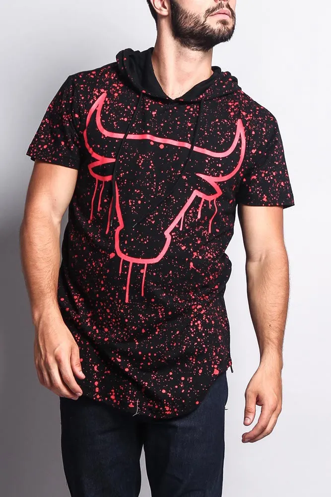 Paint Splattered Bull Logo Long Length Curved Hem Hooded T-Shirt