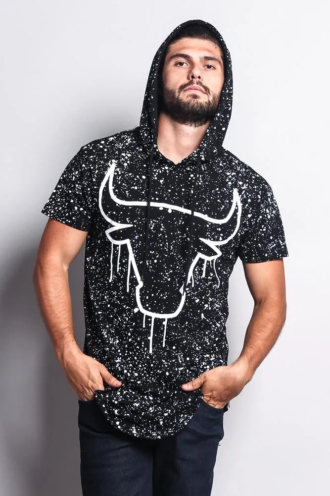 Paint Splattered Bull Logo Long Length Curved Hem Hooded T-Shirt