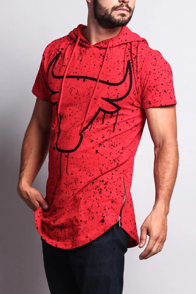 Paint Splattered Bull Logo Long Length Curved Hem Hooded T-Shirt
