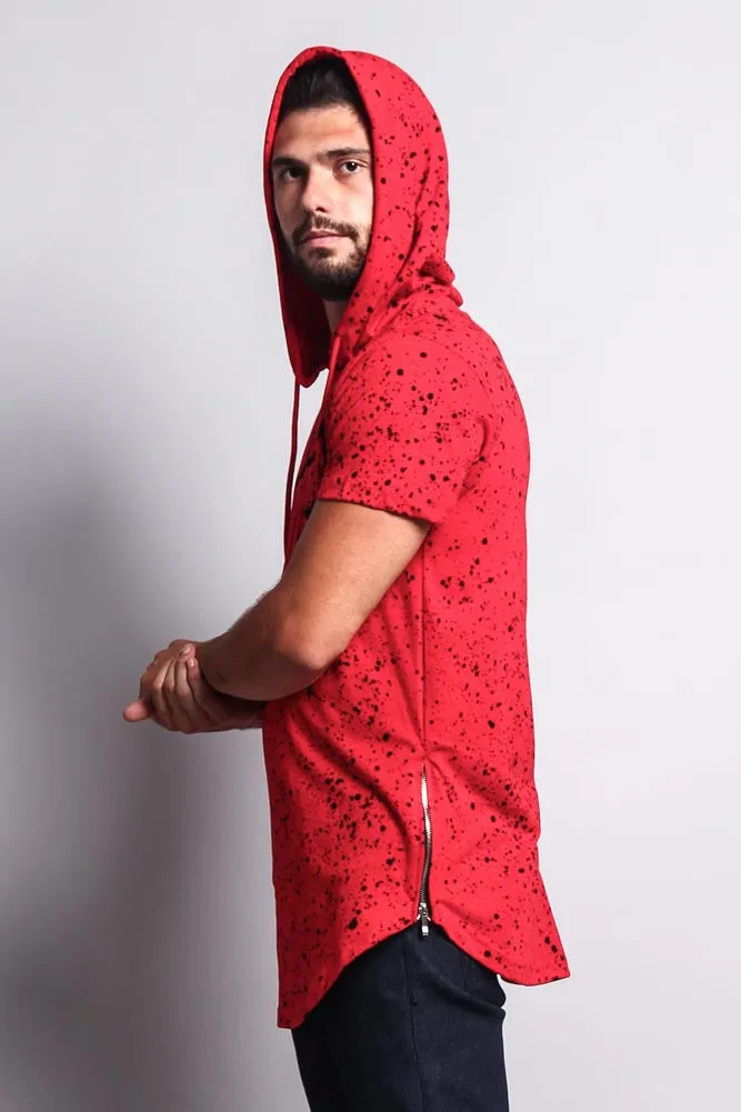 Paint Splattered Bull Logo Long Length Curved Hem Hooded T-Shirt