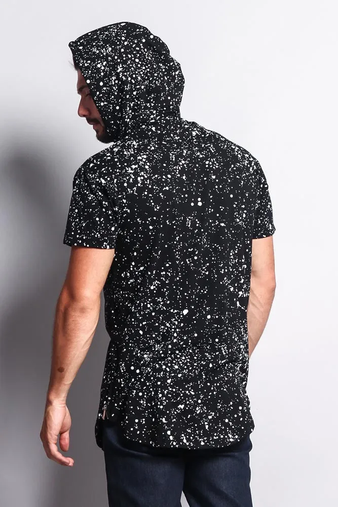 Paint Splattered Bull Logo Long Length Curved Hem Hooded T-Shirt