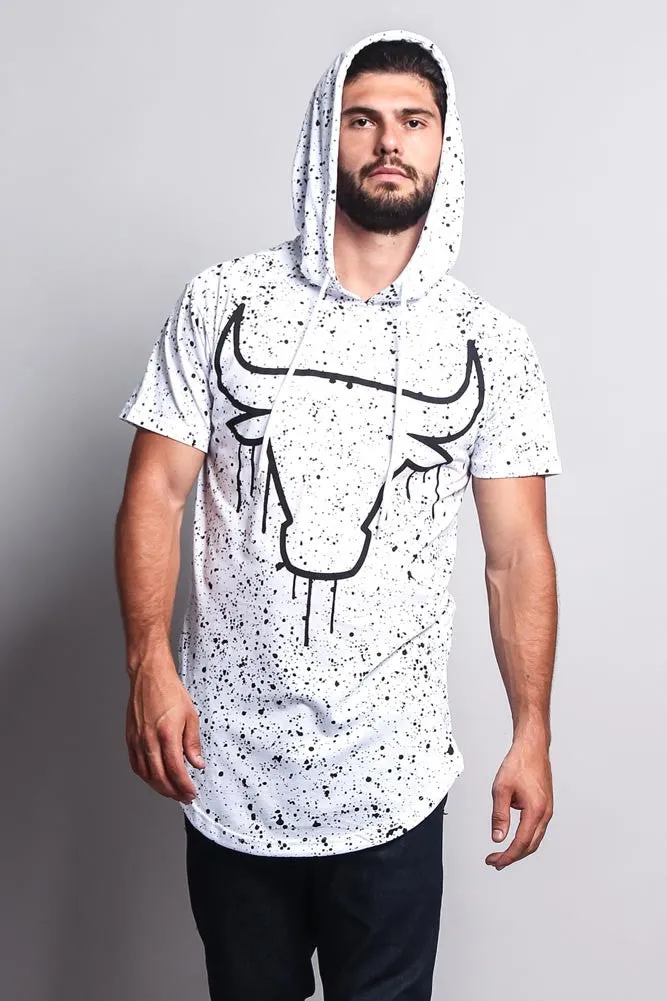 Paint Splattered Bull Logo Long Length Curved Hem Hooded T-Shirt