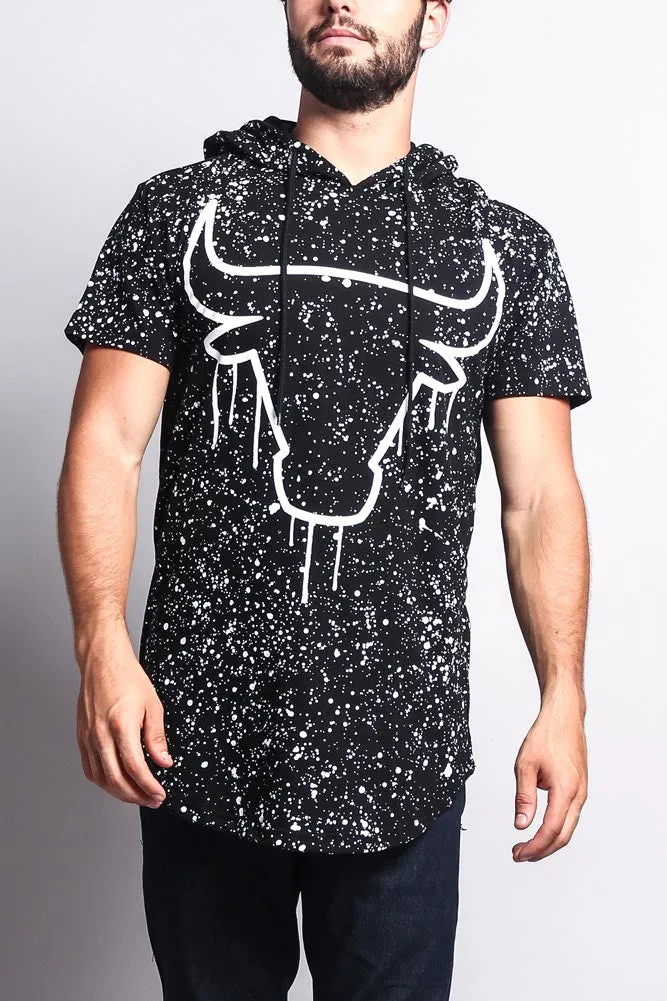 Paint Splattered Bull Logo Long Length Curved Hem Hooded T-Shirt