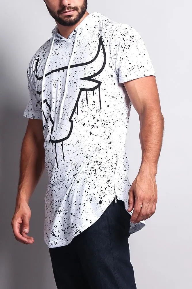 Paint Splattered Bull Logo Long Length Curved Hem Hooded T-Shirt