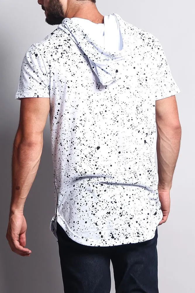 Paint Splattered Bull Logo Long Length Curved Hem Hooded T-Shirt