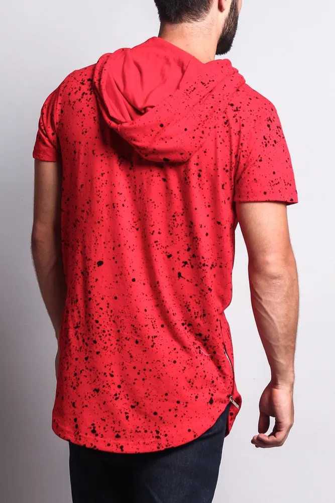 Paint Splattered Bull Logo Long Length Curved Hem Hooded T-Shirt