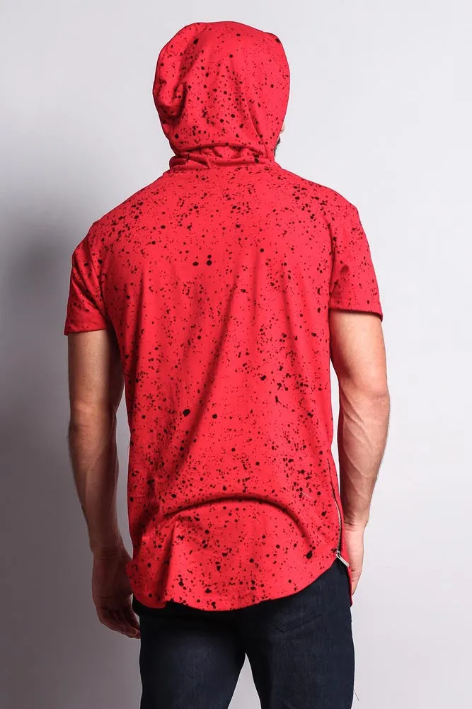 Paint Splattered Bull Logo Long Length Curved Hem Hooded T-Shirt