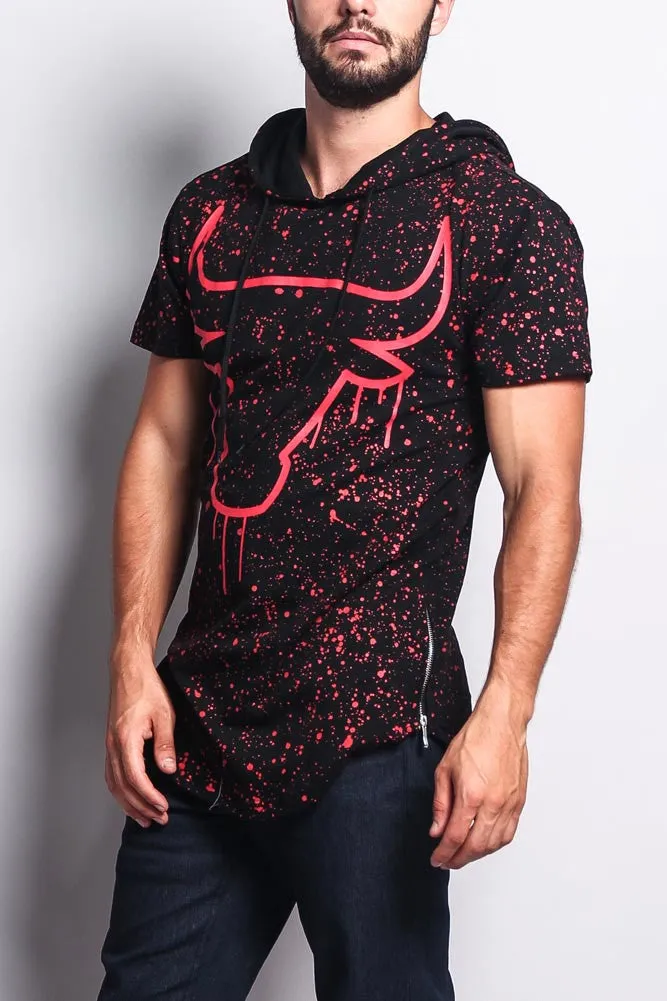 Paint Splattered Bull Logo Long Length Curved Hem Hooded T-Shirt