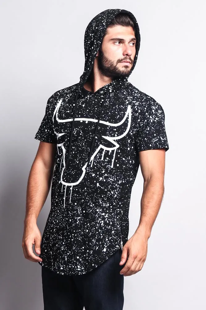 Paint Splattered Bull Logo Long Length Curved Hem Hooded T-Shirt